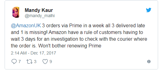 亞馬遜英國顧客在推特上抱怨，使用一週內Prime服務三次，這三個包裹卻通通遲到，其中一個甚至被丟包還找不到。她批評亞馬遜拖了3天才聯繫物流，稱自己以後絕不會再用Prime服務。