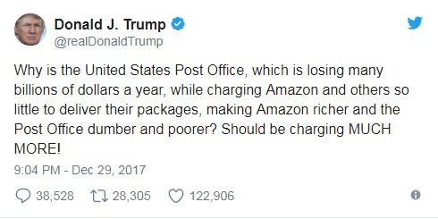 川普針對郵局收取亞馬遜的資費推文