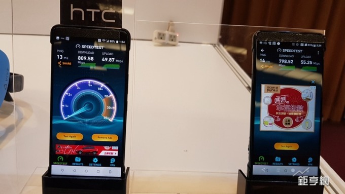宏達電展示模擬 5G 環境的手機下載速度高達 809.58Mbps。(鉅亨網記者楊伶雯攝)