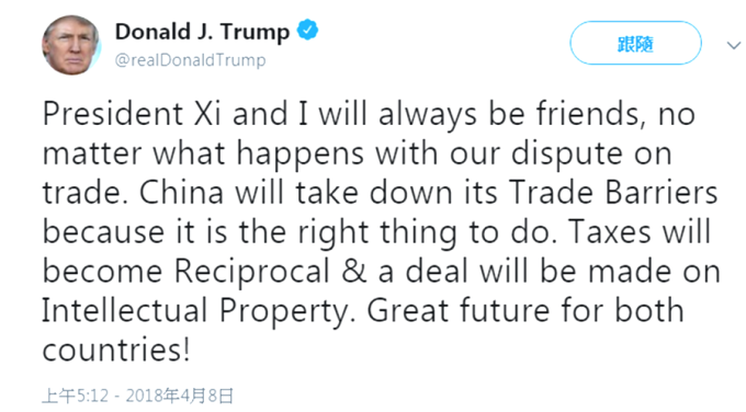 川普推文指「相信中國將取消貿易壁壘，雙方將就知識產權達成協議。 （圖：川普twitter）