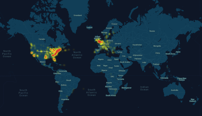 受影響的用戶地區 。來源：Website Outage Report