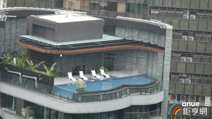 「新美齊Jade 12」頂樓配置游泳池也對著象山。（鉅亨網記者張欽發攝）