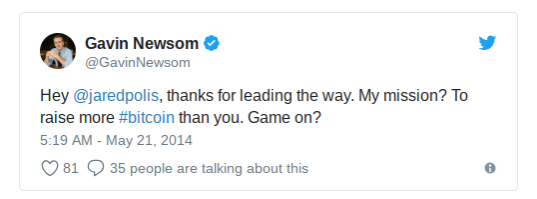 Gavin Newsom 2014年的推文，凸顯其對比特幣的重視