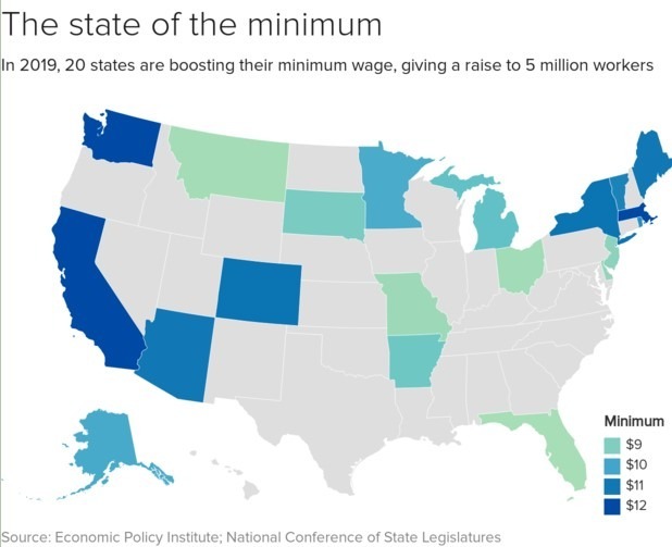 美國州立最低時薪 / 圖：cbs