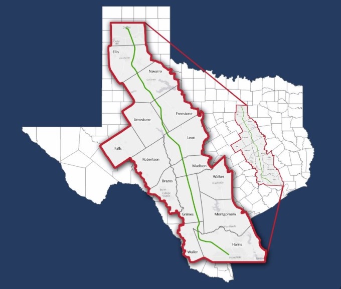 德州高鐵路線圖 達拉斯 - 休士頓 （圖片來源：翻攝自Texas Central官網）