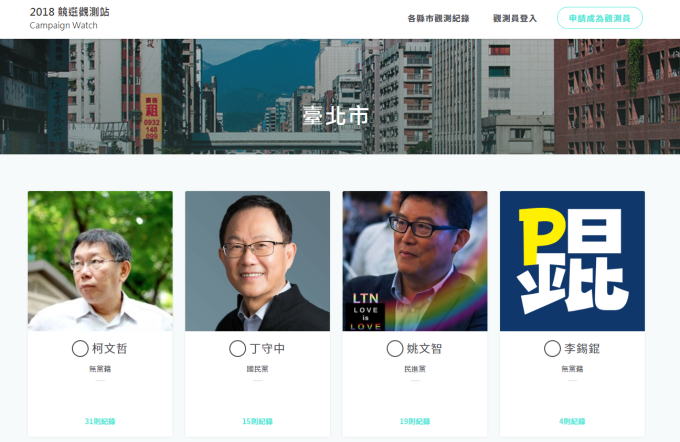 以臺北市為例，可上傳或瀏覽各位候選人的競選宣傳紀錄。 圖片來源│2018 競選觀測站