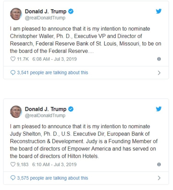 美國總統川普在twitter上表達提名Fed人選 (來源: CNBC)