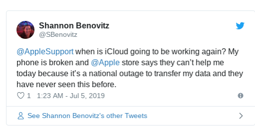 用戶在推特上抱怨蘋果商店告知iCloud發生全球斷線，無法協助移轉手機備份