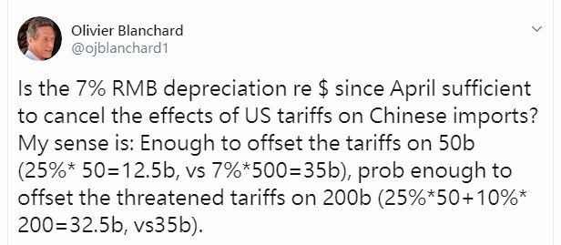 前 IMF 首席经济学家 Olivier Blanchard 认为中国通过货币贬值的效果,来缓解特朗普加税的压力图片:Olivier Blanchard