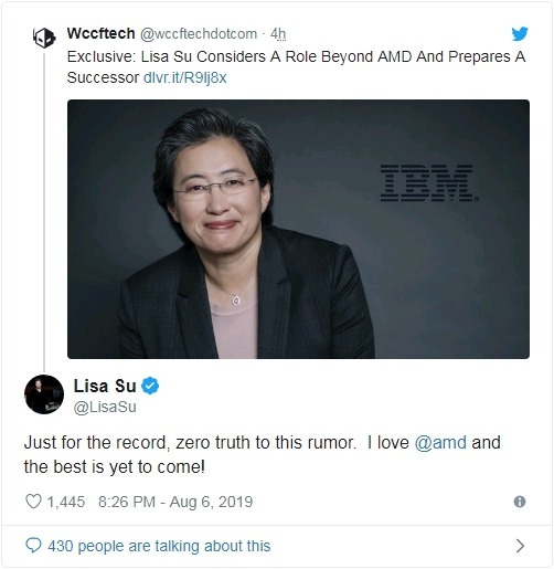 蘇姿丰於 Twitter 發文澄清可能離開 AMD 之傳聞 圖片:蘇姿丰 Twitter