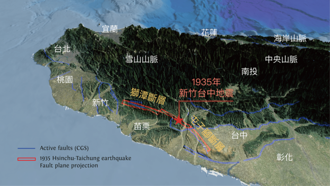 1935 年發生新竹─台中地震，由震央往南北兩方向破裂，往北是獅潭斷層，往南是屯子腳斷層。 資料來源│李憲忠提供