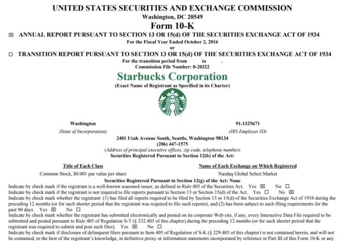 10-K 財務年報，為企業給美國證管會 (SEC) 的正式財報，內有公司運作狀況的詳細描述。 資料來源│Starbucks