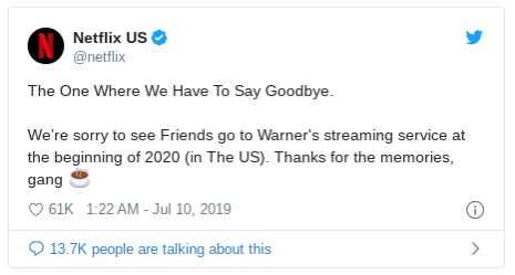 Netflix 自 2020 年起不再播放熱門美劇《六人行》,該劇轉播權由華納串流服務搶下。