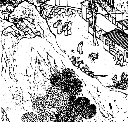 明，陸治，《支硎山圖》局部。圖右可以見到當時登山旅遊應雇的「肩輿」及「舁夫」。 圖片來源│巫仁恕提供，採自《氣勢撼人──十七世紀中國繪畫中的自然與風格》