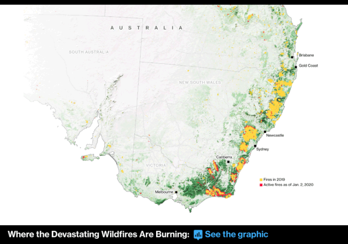 澳洲野火燃燒範疇　圖片：Bloomberg
