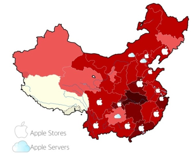 蘋果位於中國各地的實體店面與雲端資料中心。(圖片:appleinsider)