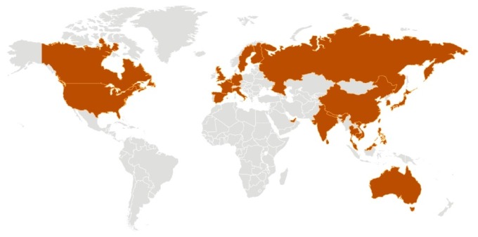 新型冠狀病毒確診國家 (咖色) 分布圖 。(圖片：CDC)