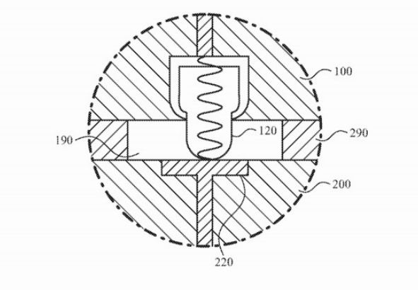 可用來連接 Apple Watch 和模塊之間的 pogo pin 設計草圖 (圖片:appleinsider)