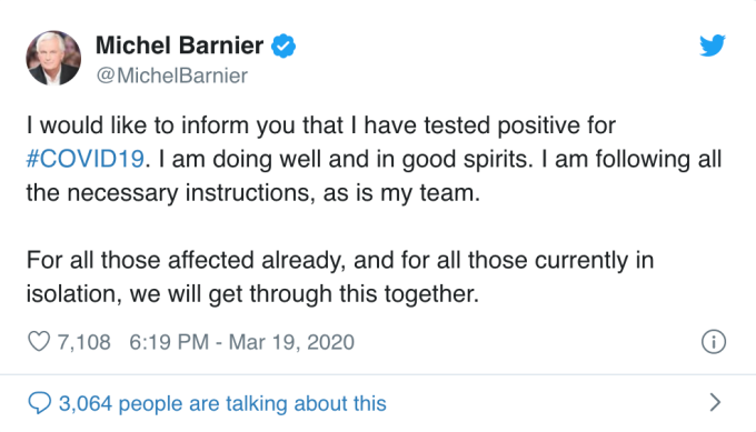Barnier 在推特上證實確診消息 (圖:Bloomberg)