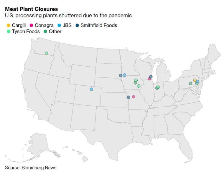 美國肉品工廠停工情況。(來源:Bloomberg)