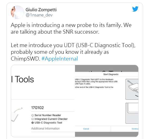 新款 USB-C 診斷工具內部名稱為「ChimpSWD」(圖片:MacRumors)