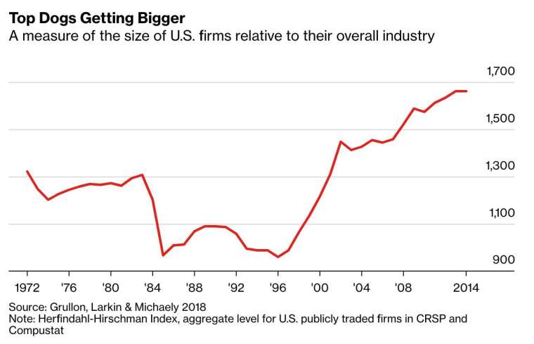 美國多數產業中,大型企業的市佔率仍持續在擴大 (圖:Bloomberg)