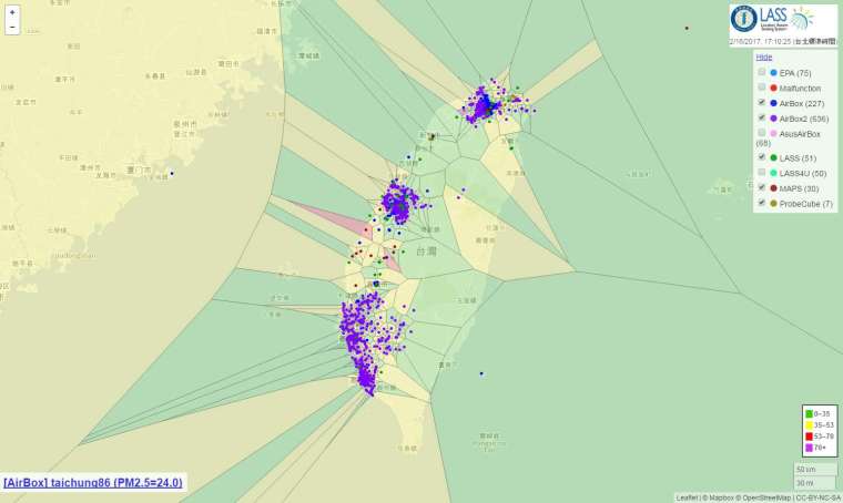 空氣盒子地圖：各地 PM2.5 即時濃度 資料來源｜https://pm25.lass-net.org/GIS/voronoi/