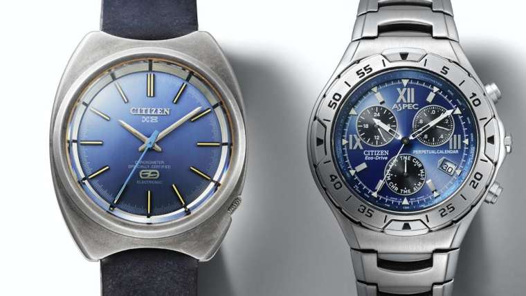 1970 年 CITIZEN 推出的首款鈦金屬手錶 X-8 Chronometer（圖左），到了 2000 年品牌則進一步研發出超級鈦材質，Aspec 是第一只以超級鈦製作的腕錶（圖右）。