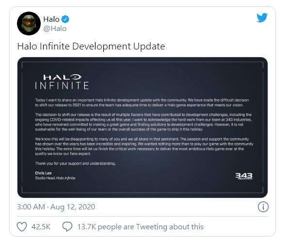 Halo 開發商的推特公告 (圖片: 推特)