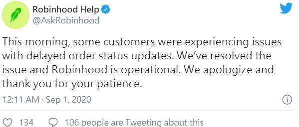 Robinhood 承認在部署修補程式後出現一個問題 (圖片：Robinhood 推特)