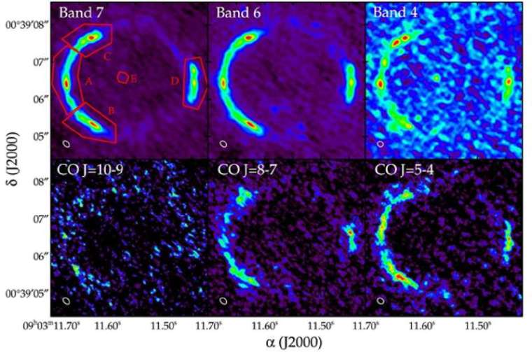 SDP.81「愛因斯坦環」的 ALMA 影像，數個紅點來自星系核心緻密區域。 圖片來源│黃活生、蘇游瑄、松下聰樹 (2015)