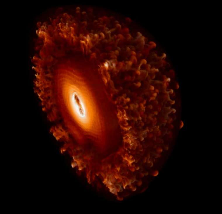 陳科榮以超級電腦模擬磁星驅動超新星爆炸的過程，上圖為將磁星一切為二的三維模型。 圖片來源│中研院天文所 陳科榮