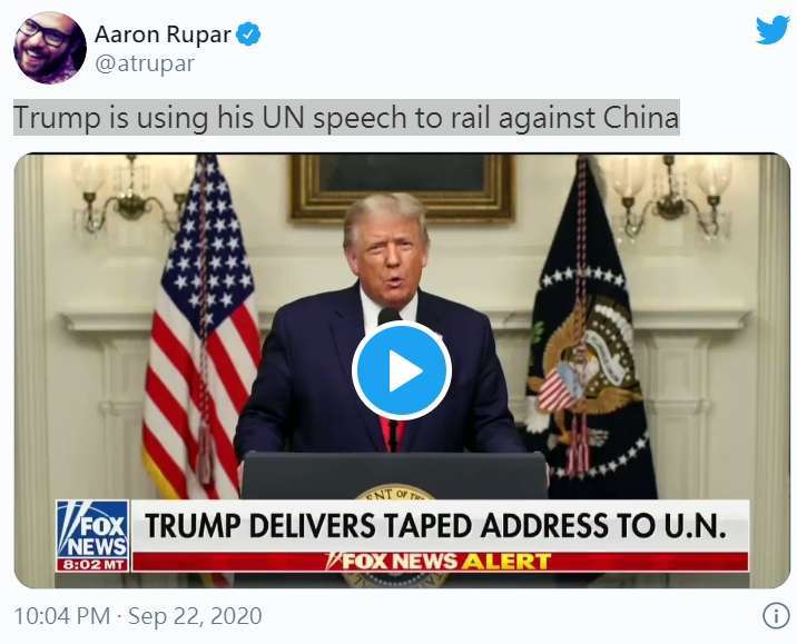 美國 VOX 新聞網編輯 Aaron Rupar 推發川普聯合國演說 (圖片:Aaron Rupar 推特)