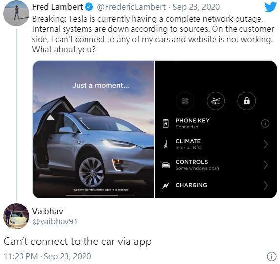特斯拉車主抱怨網路全面中斷，影響用車體驗。(圖片：推特)