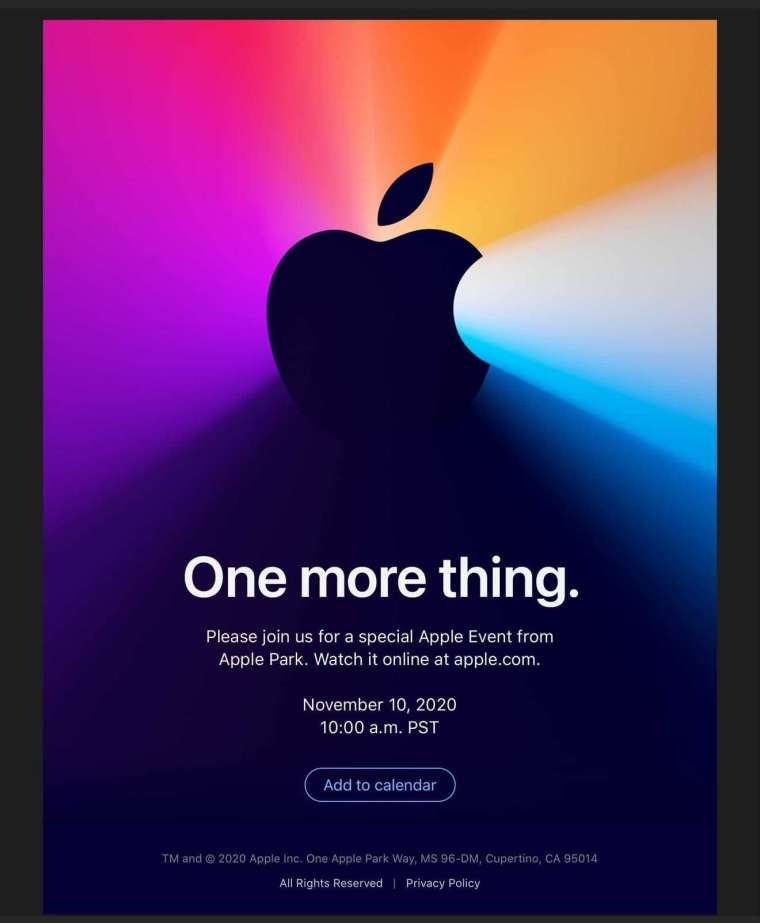 蘋果第三場秋季發表會主題是「One More Thing」。(圖片：蘋果)