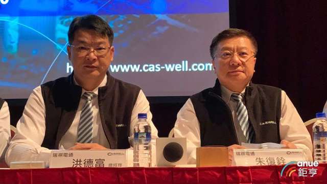 瑞祺電董事長朱復銓(右)及總經理洪德富。(鉅亨網記者彭昱文攝)