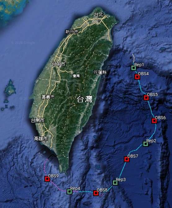 中央氣象局臺灣東部海域地震與海嘯海纜觀測系統第三期海底纜線布建範圍。