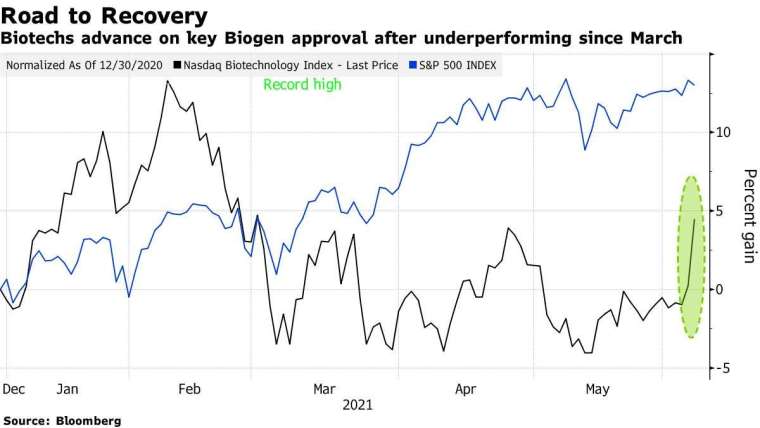 NBI生技指數(黑)和標普500指數(藍)今年來變動幅度。來源:Bloomberg