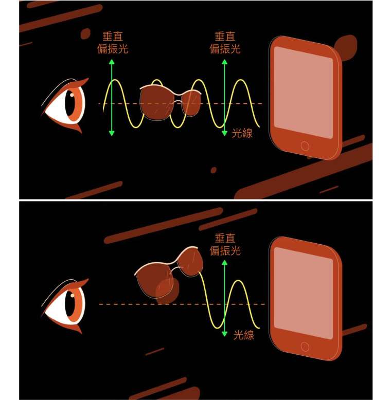 光是一種電磁波，如果光有特定的振盪方向，就稱為「偏振光」。手機發出的光線一般為偏振光，如果透過偏光太陽眼鏡觀看，只能在某個特定角度才能讓光通過，其他角度則不透光。 資料來源│EHT Collaboration and Fiks Film