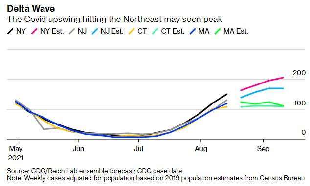美國東北部州疫情與 CDC 預估值 (圖: Bloomberg、CDC)