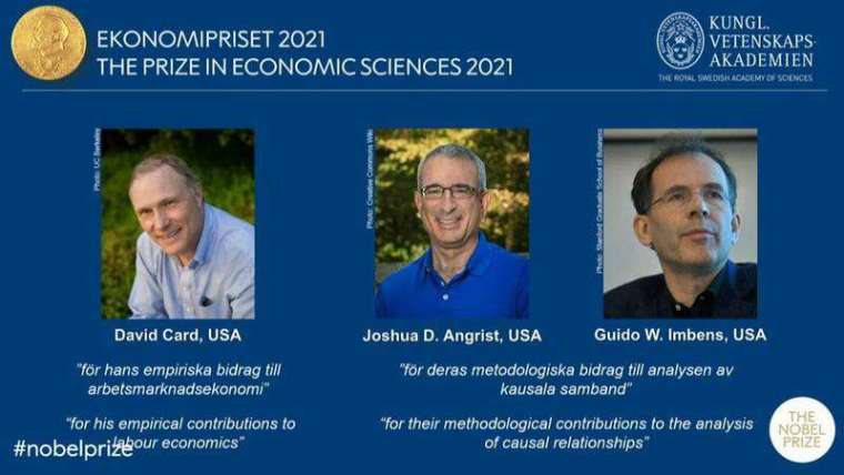 今年諾貝爾經濟學獎的三位得主。(圖片來源：擷取自諾貝爾獎Youtube)
