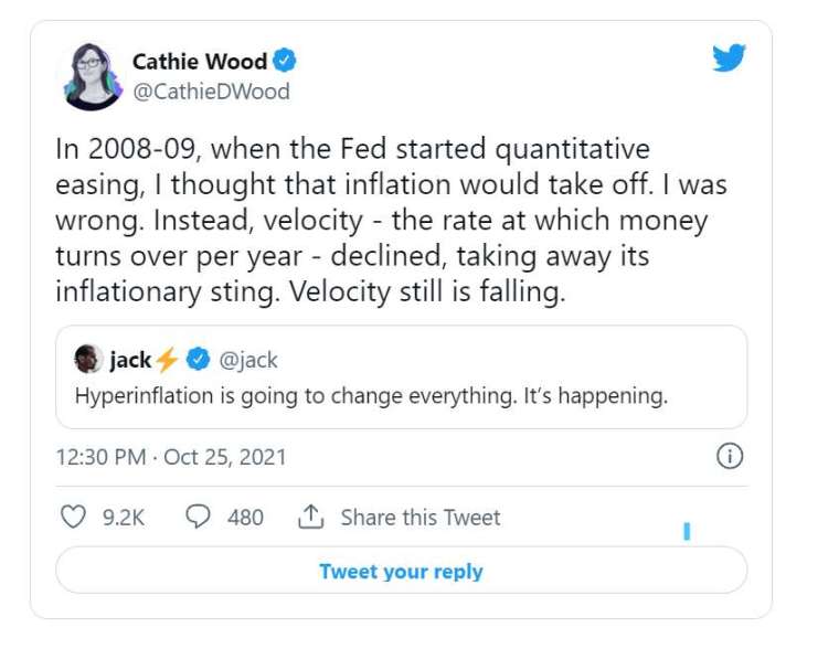 伍德提到貨幣流通速度今時與以往一樣都在下降。