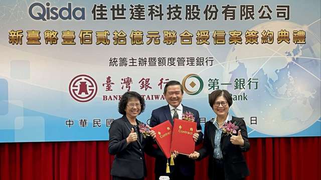 佳世達簽署120億元聯貸案，左起為臺灣銀行副總經理林麗婈、佳世達董事長陳其宏、第一銀行董事長邱月琴。(圖：佳世達提供)