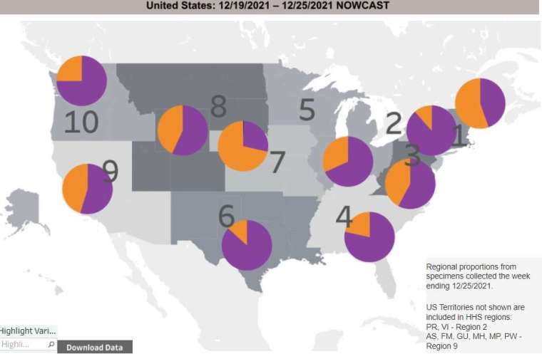 截至 12 月 25 日的一週內，感染 Omicron 病毒的患者估計占全美確診總數的 58.6% (圖片：美國 CDC)