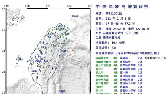台灣3日發生芮氏規模6.0有感地震。(圖取自中央氣象局)