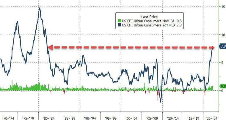 Green: US CPI monthly growth rate, Blue: US CPI annual growth rate (Graph: Zerohedge)