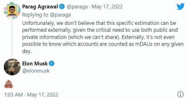 馬斯克以便便表情符號回應推特執行長 Parag Agrawal 推文 (圖片：推特)