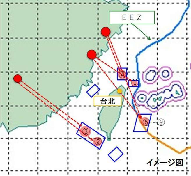 中國 4 日軍演發射的多枚飛彈軌跡圖 (圖片：翻攝日本防衛省官網)