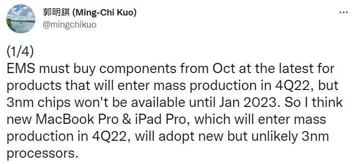 郭明錤重申：新 MacBook Pro 和 iPad Pro 即將量產 (圖片：郭明錤推特)