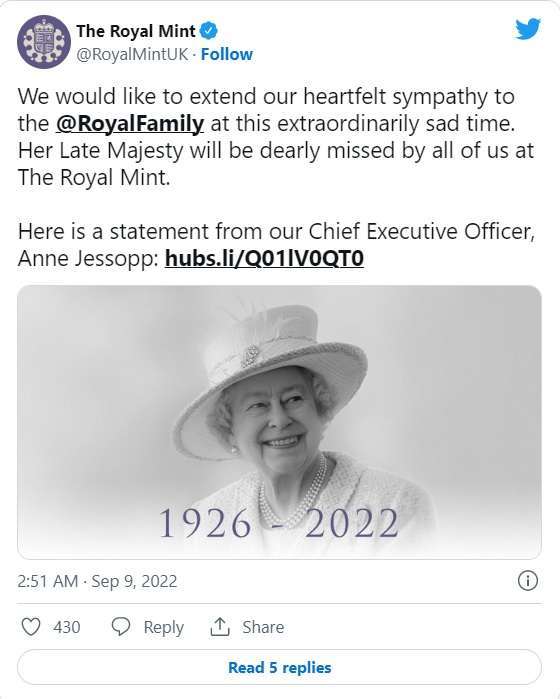 英國皇家鑄幣局在推特上悼念英國女王。